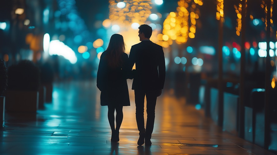 A couple walks arm in arm on a city street illuminated by glowing lights at night