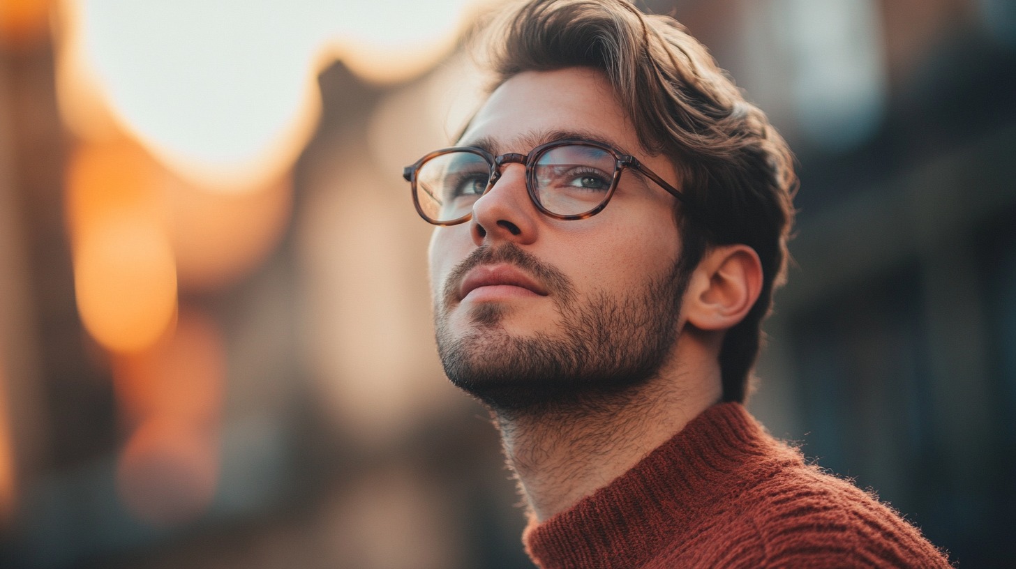 A young man with glasses and a beard gazes into the distance, wearing a warm sweater, with soft city lights glowing in the background