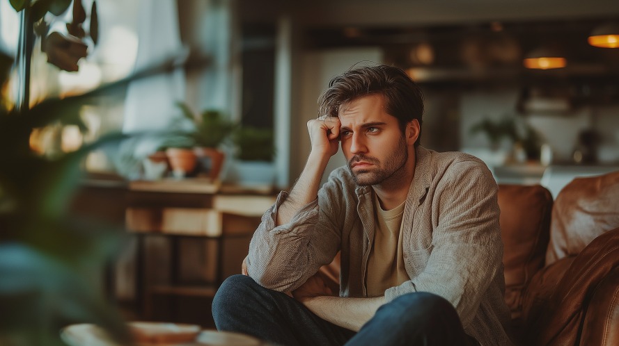 A pensive young man sitting on a couch, resting his head on his hand, looking deep in thought in a cozy, warmly lit room